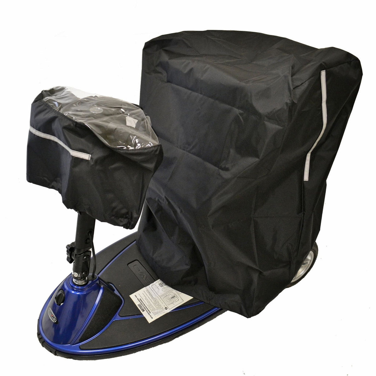 Diestco water-resistant scooter seat cover in black draped over the seat and armrests of a blue mobility scooter, with reflective strip on the side