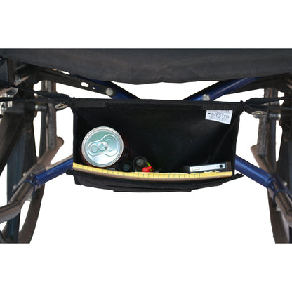 Diestco Small Glove Box strapped under a manual wheelchair seat, open to show a soda can, notepad, pens, and a phone