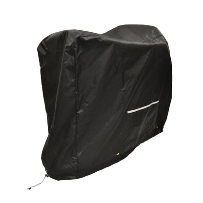 Diestco standard black mobility scooter cover shown at an angle with a reflective strip and elastic drawcord