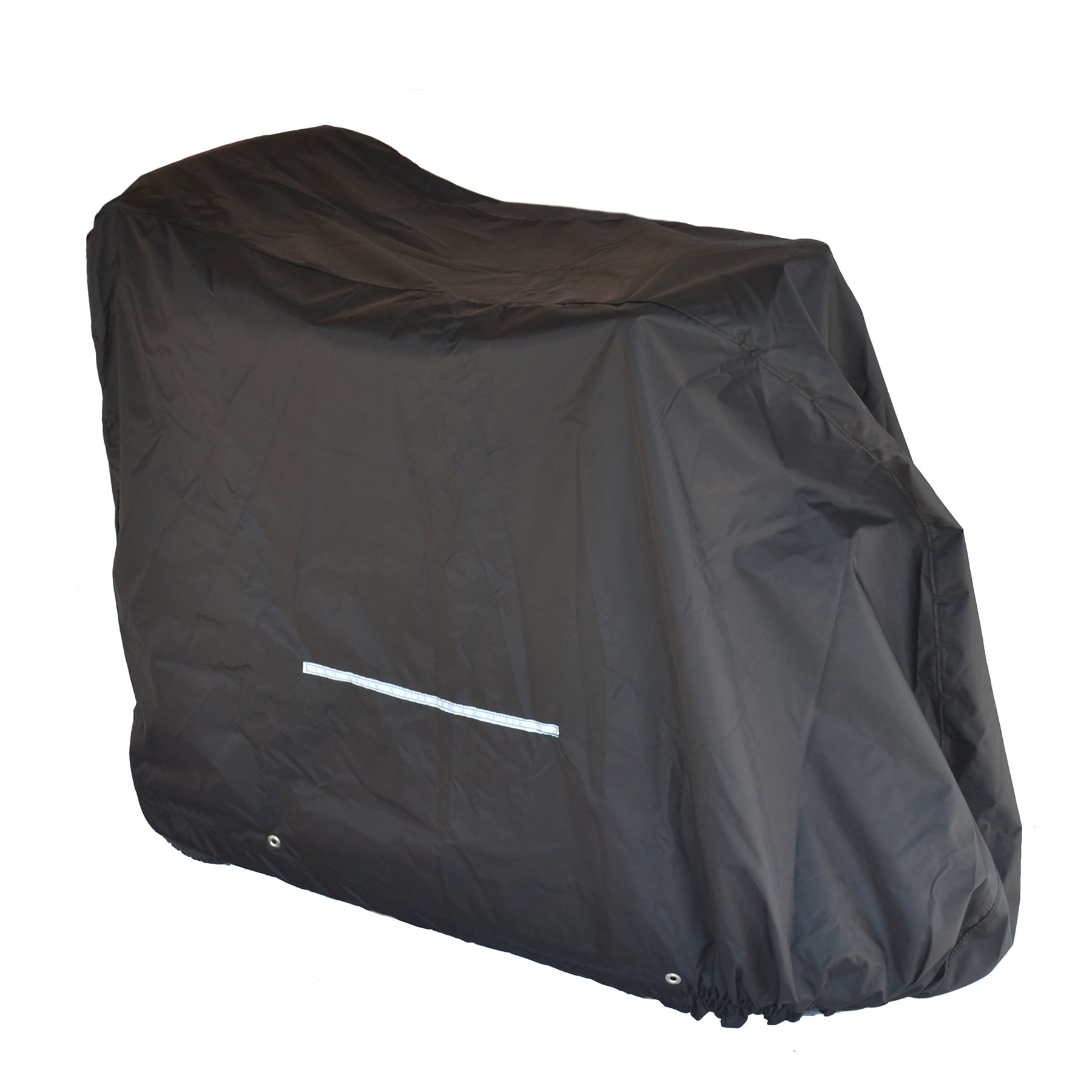 Diestco standard black mobility scooter cover with a reflective safety strip, drawcord, and grommets