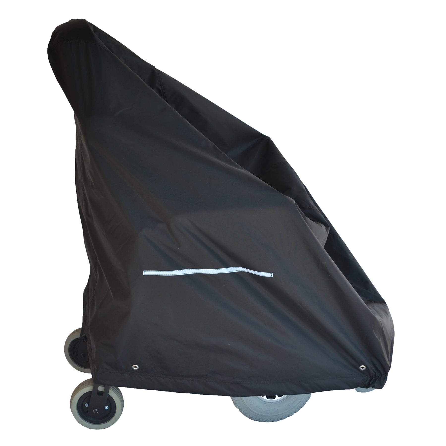 Diestco standard black power wheelchair cover fitted over a power chair with a reflective safety strip and grommets