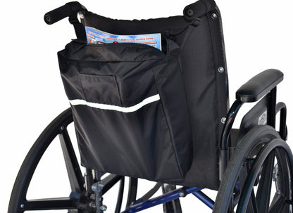 Angled view of the Diestco Standard Seatback Bag on a wheelchair showing the zipper top, ID pocket, and reflective strip