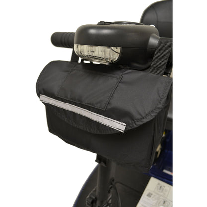 Angled view of the Diestco Standard Tiller Bag strapped to a scooter tiller, showing the flap, reflective strip, and single compartment