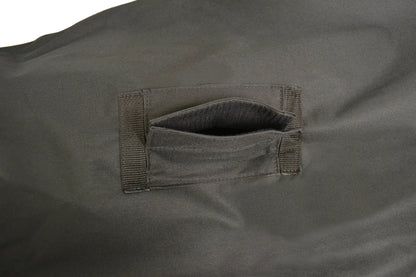 Close-up of the Diestco top slit power wheelchair cover showing the open 8-inch slit and hook-and-loop flap without a strap