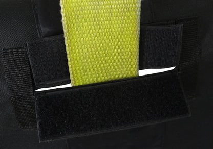 Angled close-up of the Diestco top slit scooter cover showing the hook-and-loop closure and docking strap through the slit