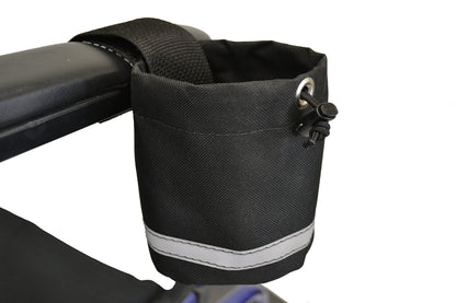 Horizontal mount Diestco cupholder installed on a power chair armrest for convenient drink access