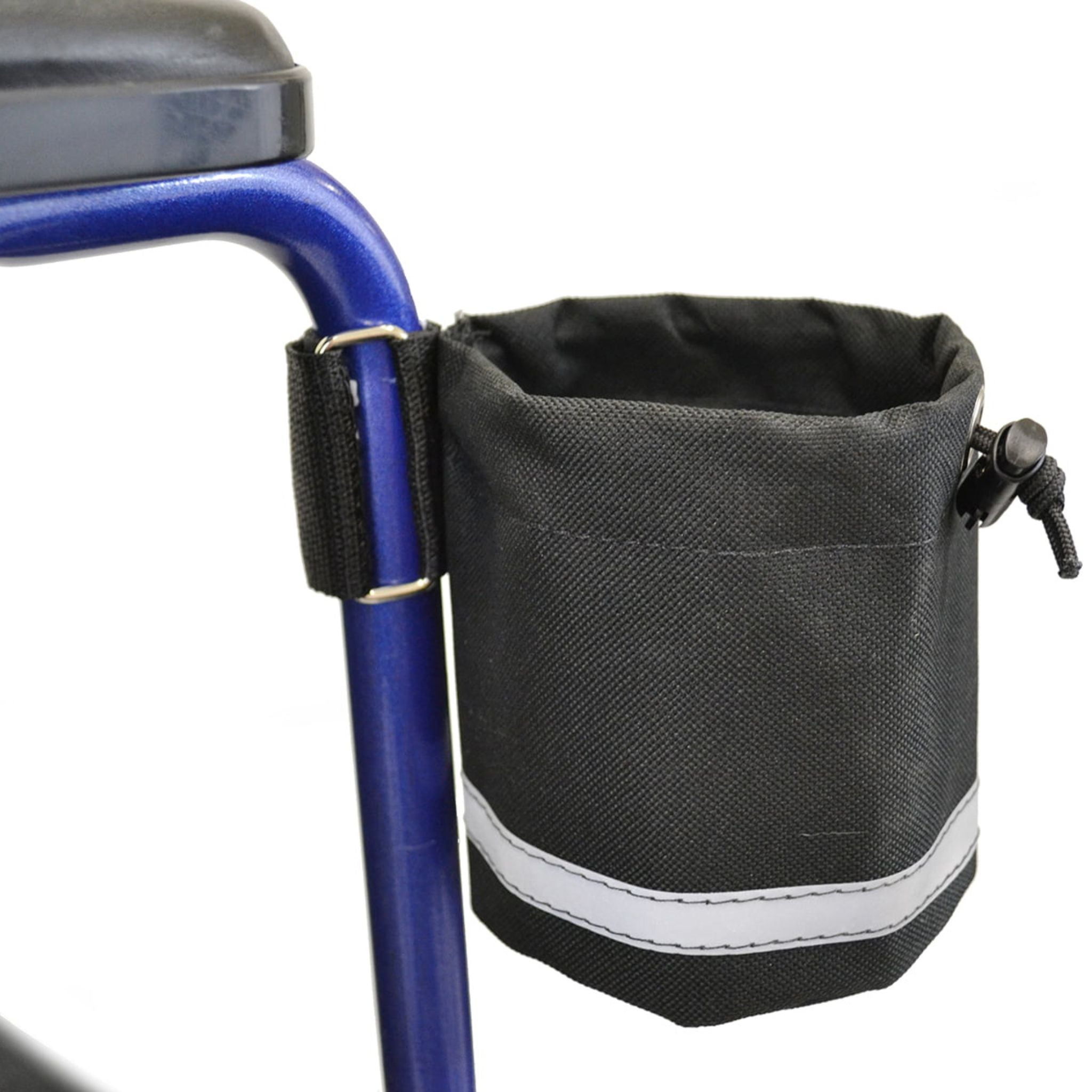 Diestco Unbreakable Vertical Grip cupholder attached to a blue rollator frame showing reflective tape and cord lock