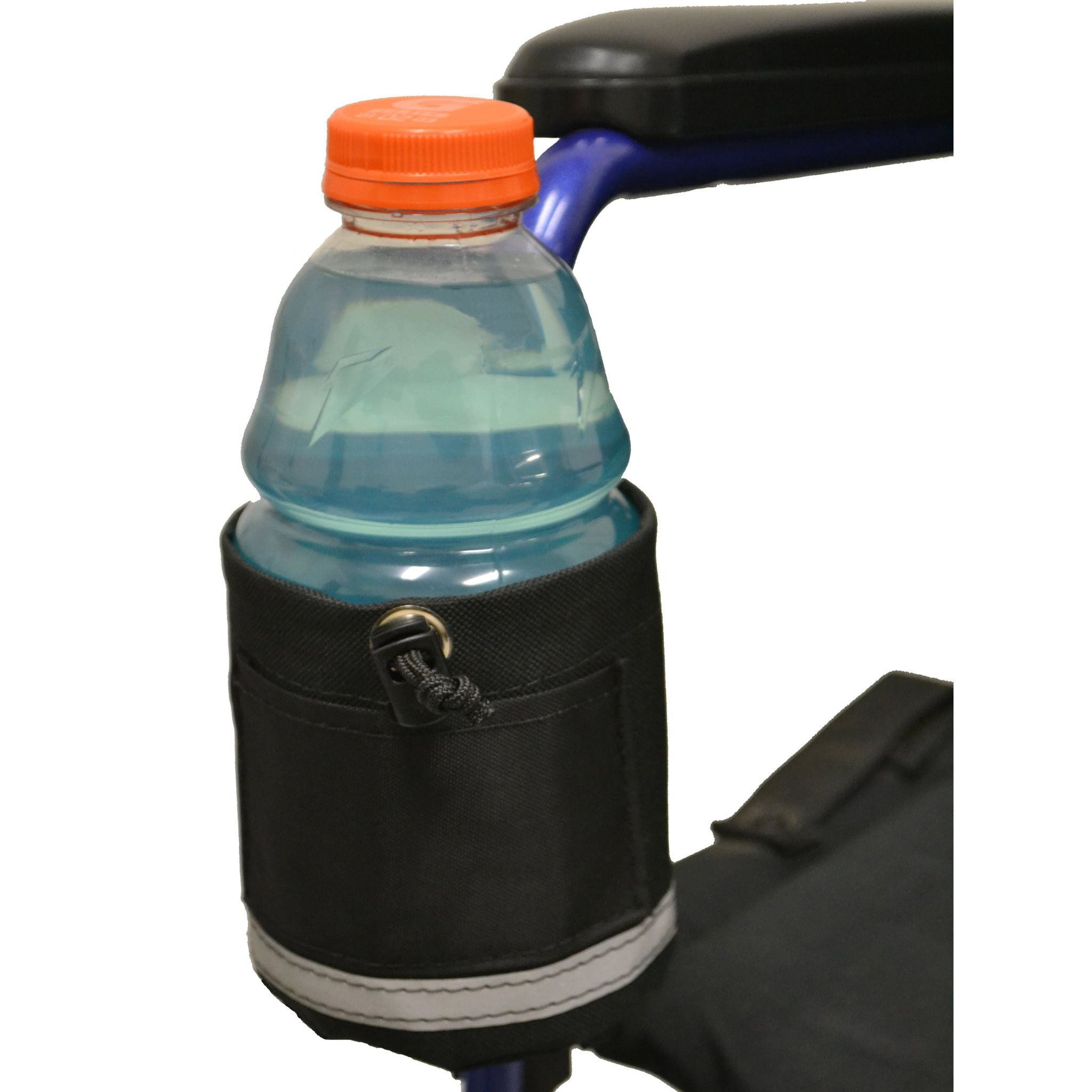 Diestco Unbreakable Vertical Grip cupholder mounted on a rollator keeping a sports drink upright and within reach