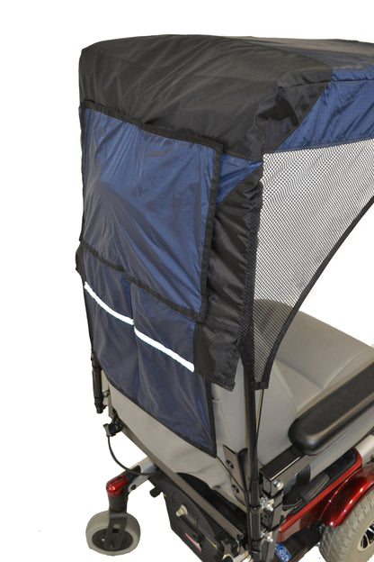 Close-up of the Diestco vented WeatherBreaker canopy in navy showing the side mesh window and reflective strip