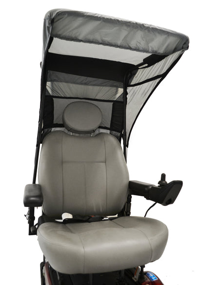 Diestco vented WeatherBreaker canopy in charcoal grey on a power wheelchair, front view showing the mesh panels