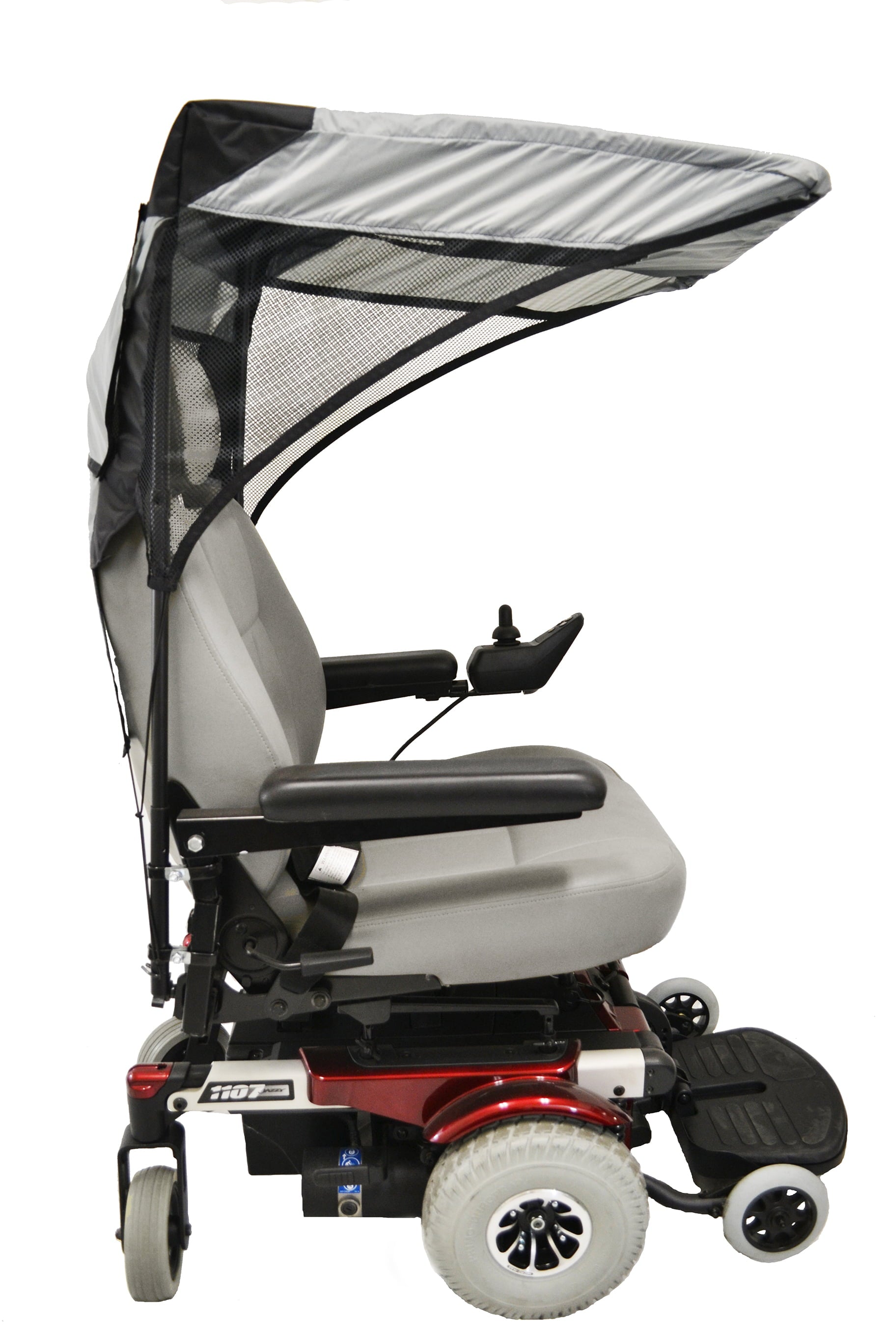 Diestco vented WeatherBreaker canopy in charcoal grey on a power wheelchair, side view showing the mesh window