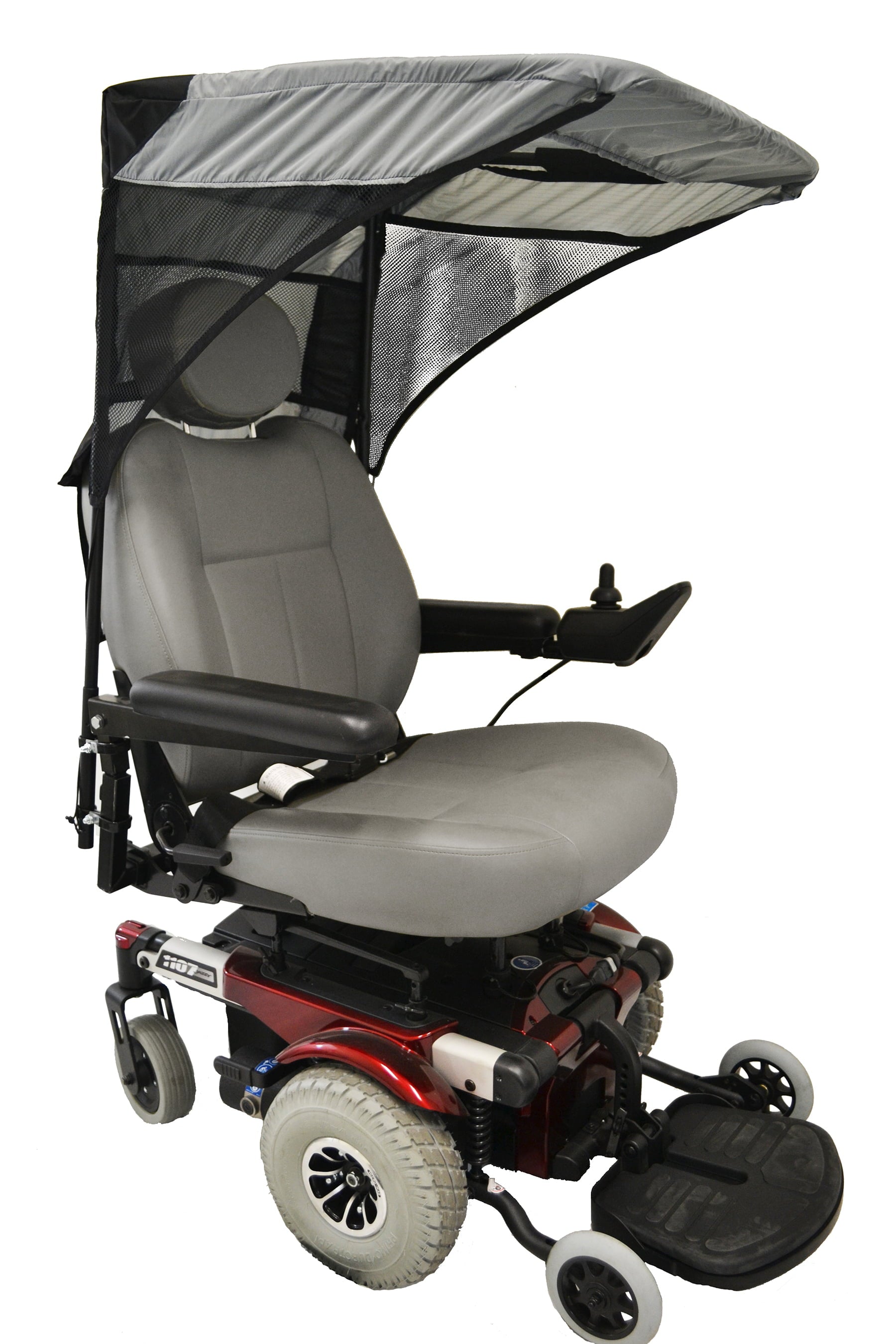 Diestco vented WeatherBreaker canopy in charcoal grey mounted on a power wheelchair, three-quarter view