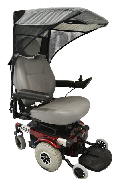 Diestco vented WeatherBreaker canopy in charcoal grey mounted on a power wheelchair, three-quarter view