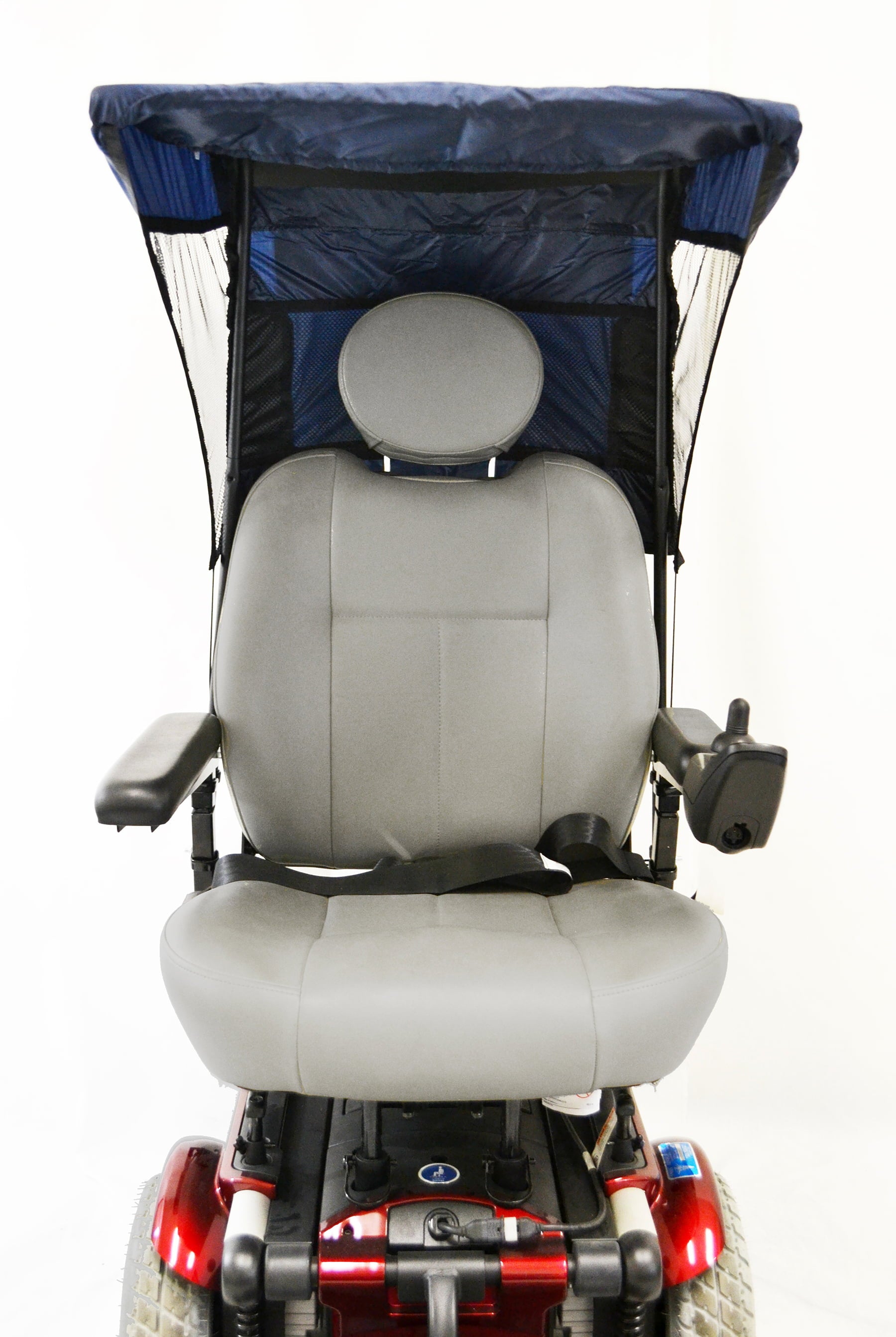 Diestco vented WeatherBreaker canopy in navy blue on a power wheelchair, front view showing the mesh panels