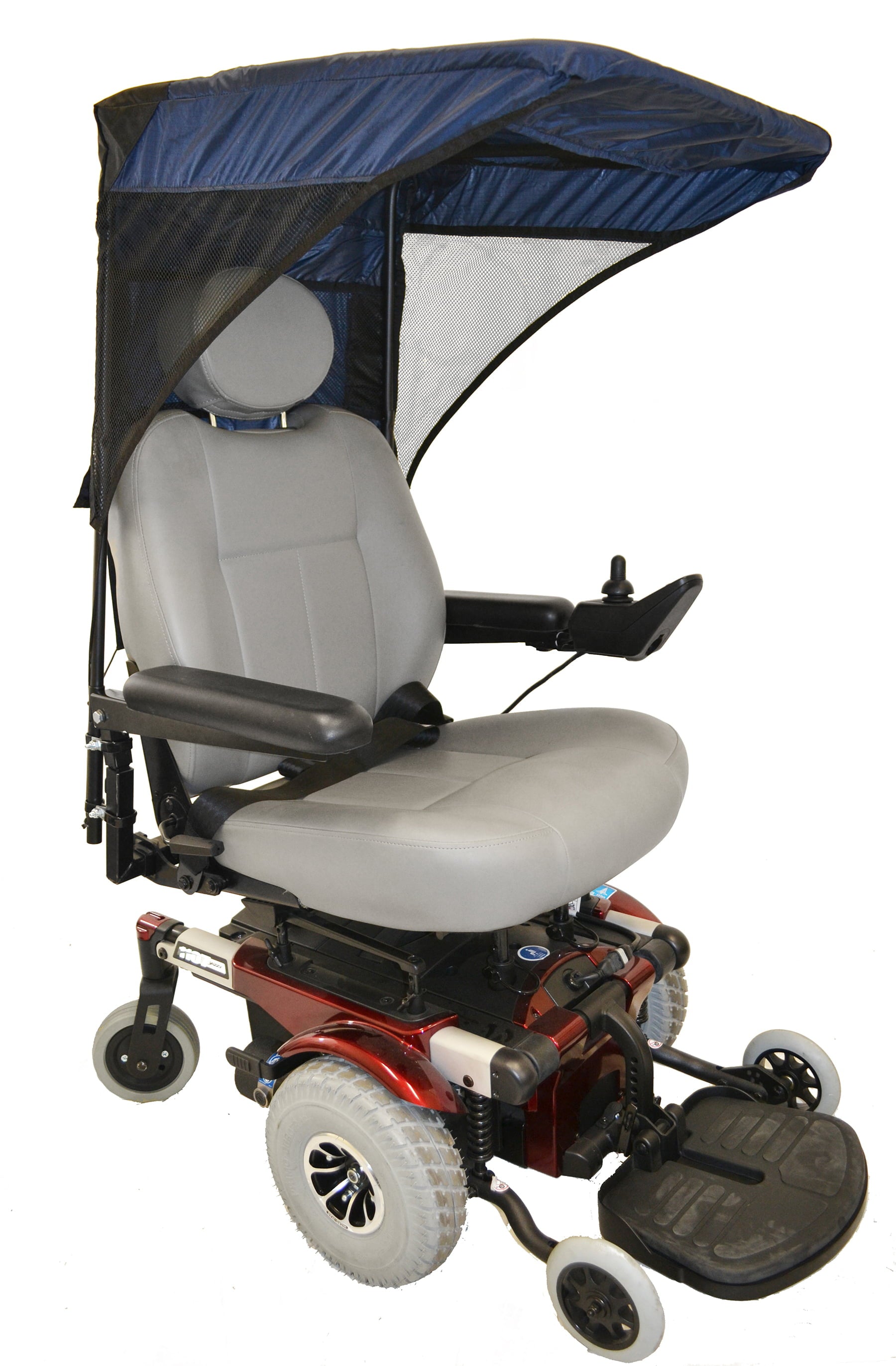Diestco vented WeatherBreaker canopy in navy blue mounted on a power wheelchair, three-quarter view