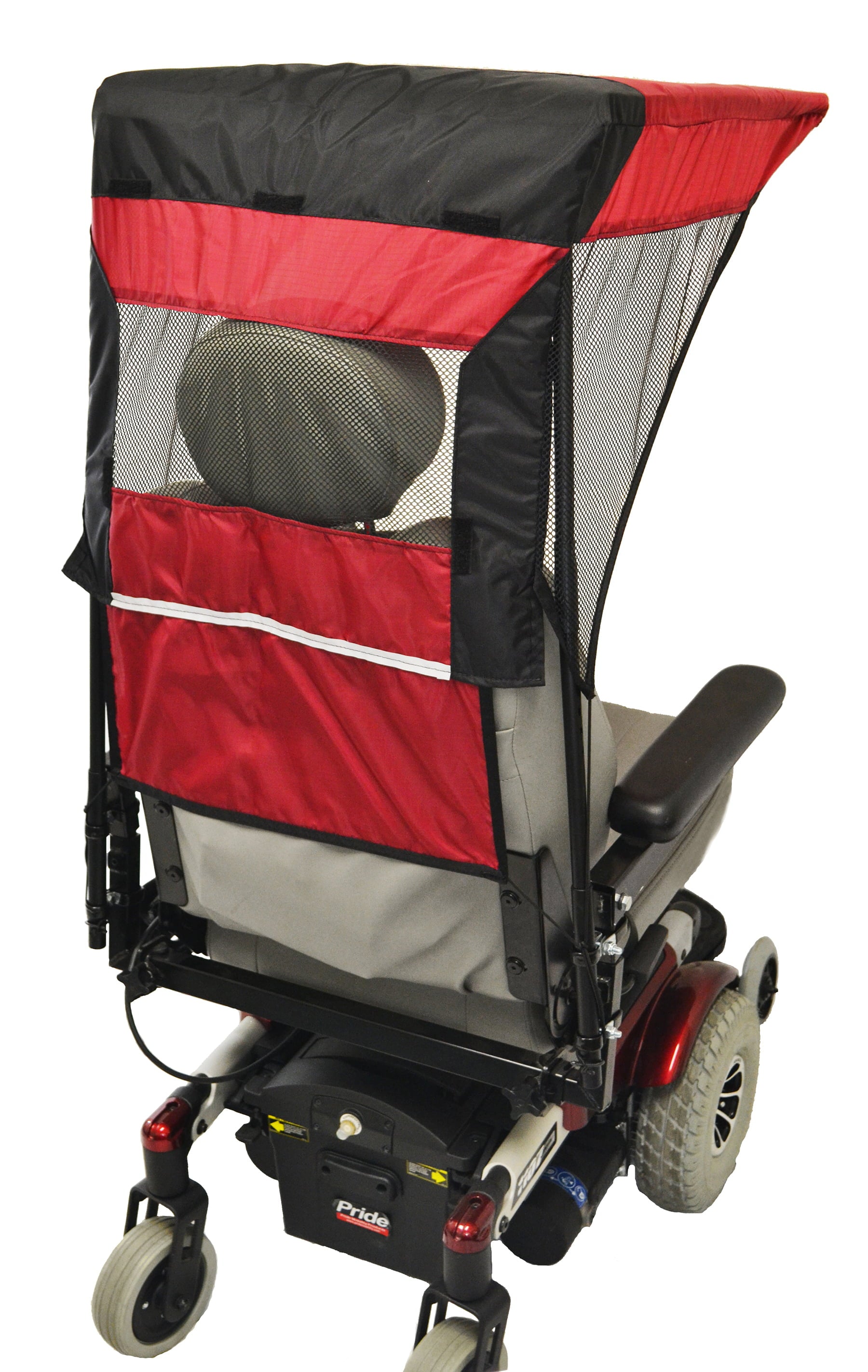 Rear close-up of the Diestco vented WeatherBreaker canopy in red showing the rear mesh panels and cover