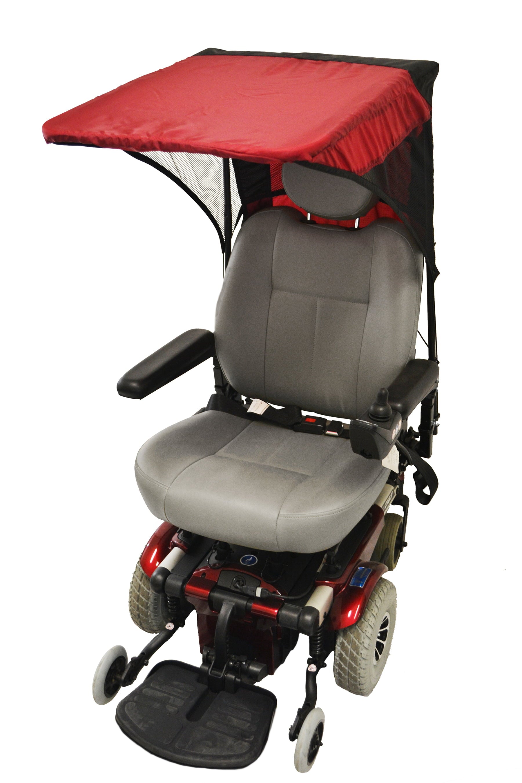 Diestco vented WeatherBreaker canopy in red mounted on a power wheelchair, front three-quarter view