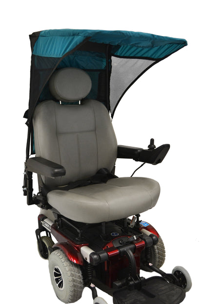 Diestco vented WeatherBreaker canopy in teal green on a power wheelchair, front view with side mesh windows