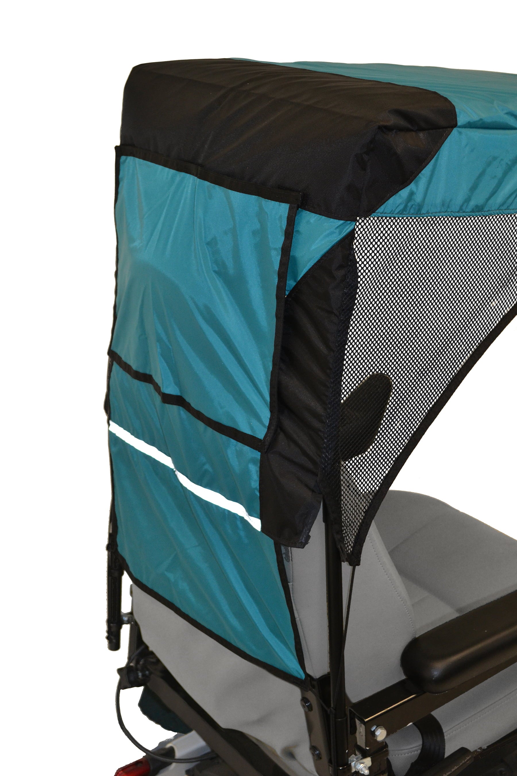 Rear view of the Diestco vented WeatherBreaker canopy in teal green showing the rear cover, side mesh, and reflective strip