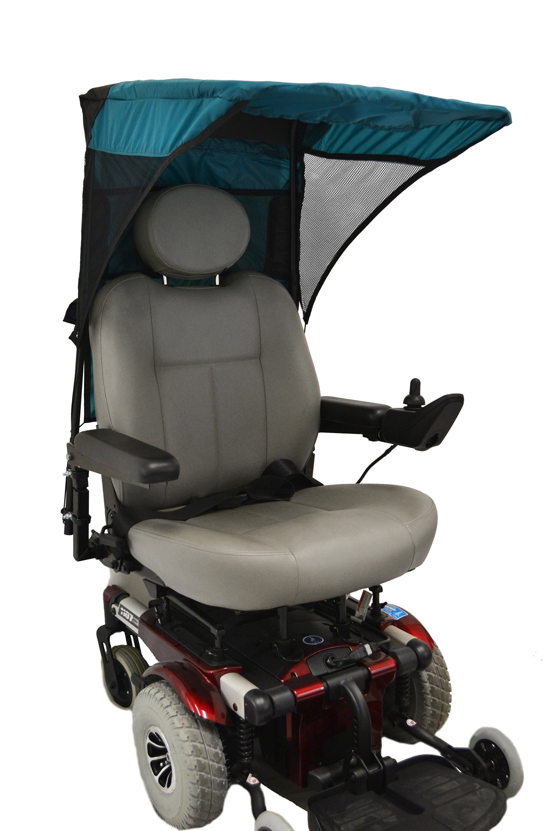 Diestco vented WeatherBreaker canopy in teal green mounted on a power wheelchair, three-quarter view