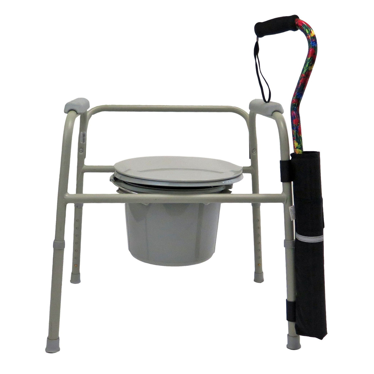 Diestco Cane Holder strapped to the leg of a bedside commode, holding an offset cane upright