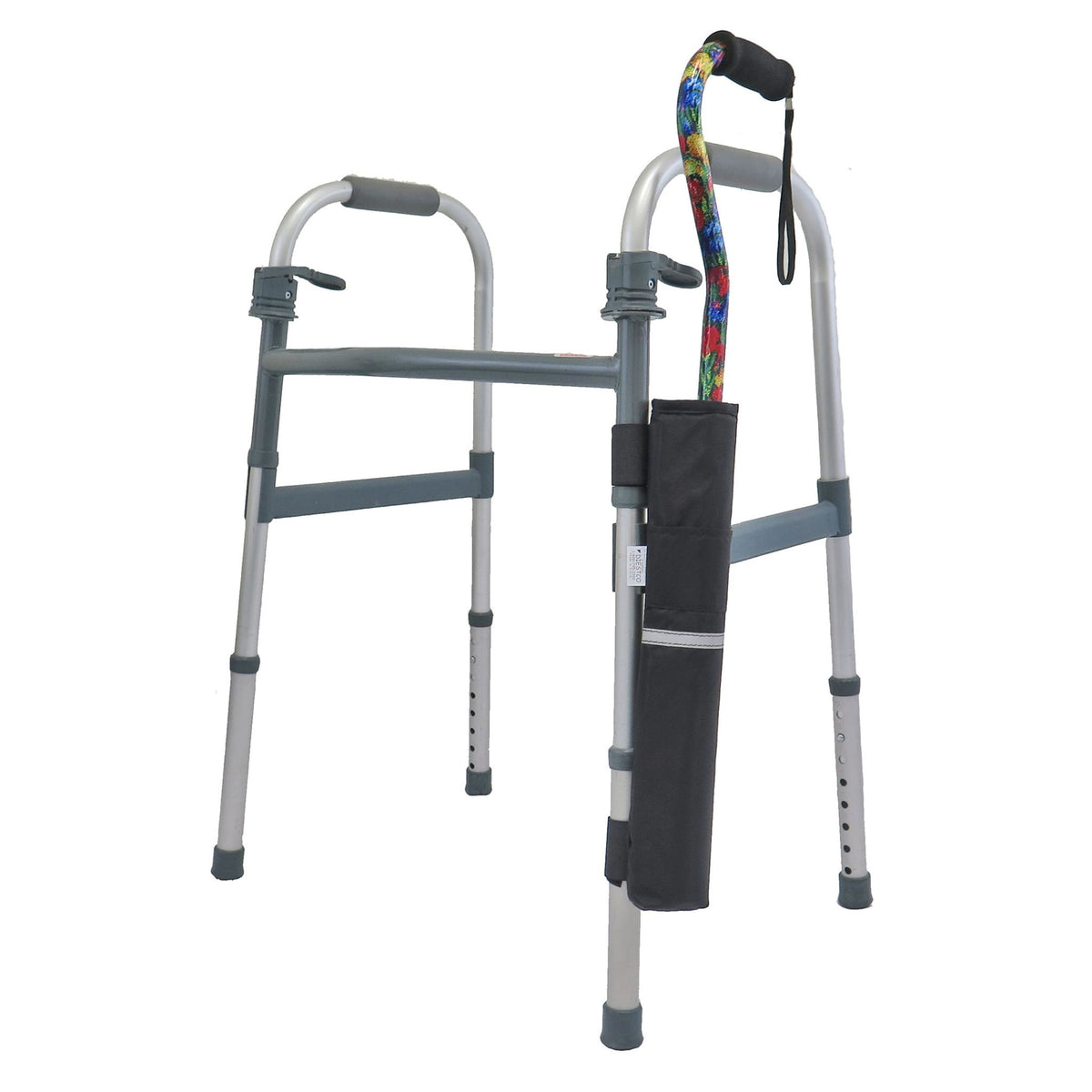 Diestco Cane Holder strapped to the vertical leg of a folding walker, holding an offset cane upright with reflective strip