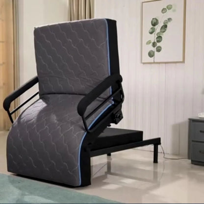 ENVYY Premium Sleep-to-Stand adjustable bed by Platinum Health shown in full upright seated position with padded support rails and ergonomic stand-assist design for safer transfers and independent home mobility.