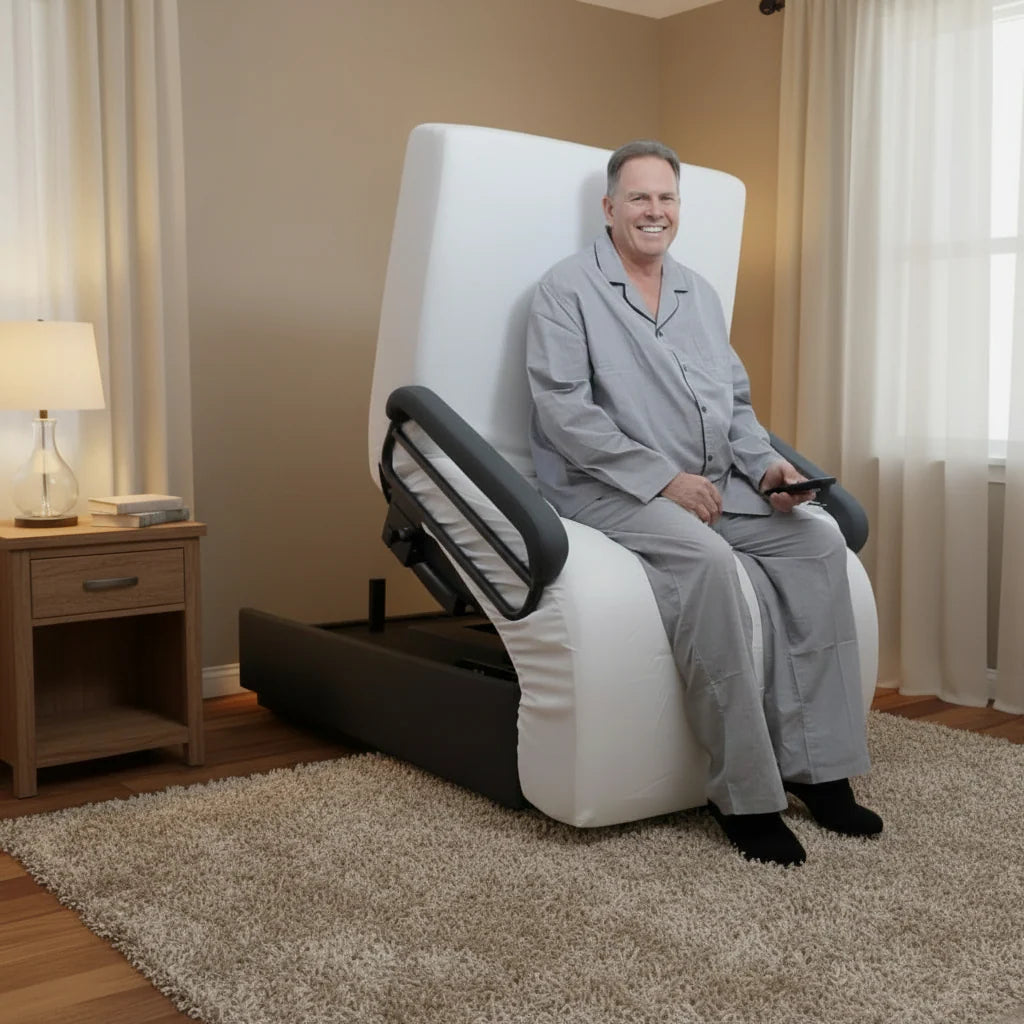 Older adult seated in the upright transfer position on the ENVYY Sleep-to-Stand adjustable bed with powered stand-assist support for safer home transfers.