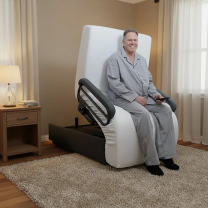 Older adult seated in the upright transfer position on the ENVYY Sleep-to-Stand adjustable bed with powered stand-assist support for safer home transfers.