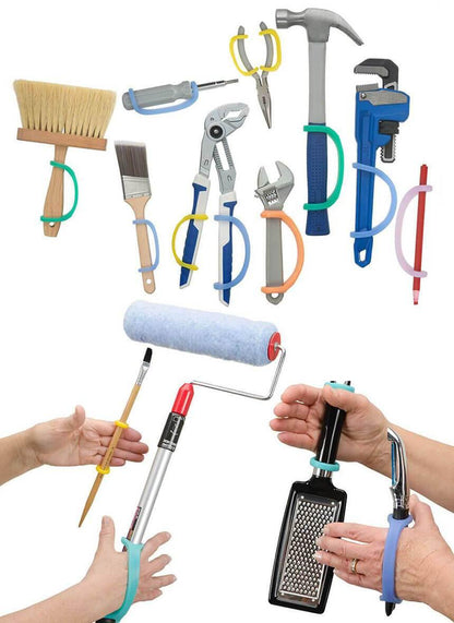 EaZyHold cuffs holding a hammer, wrench, pliers, screwdriver, paint roller, and grater for easier grip on hand tools