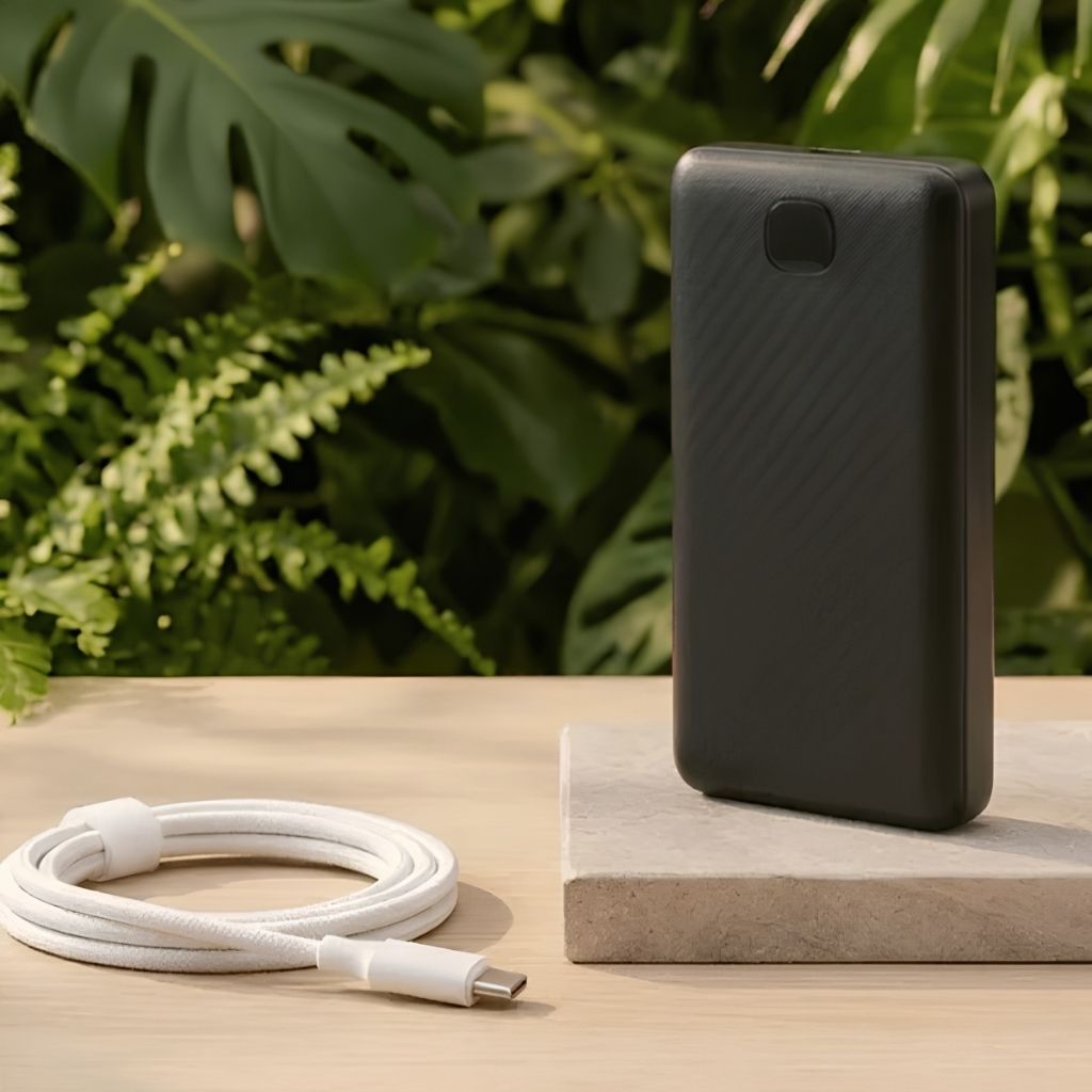 Black Ease Cushion 50-hour battery boost power pack with a white USB-C charging cable on a wood surface