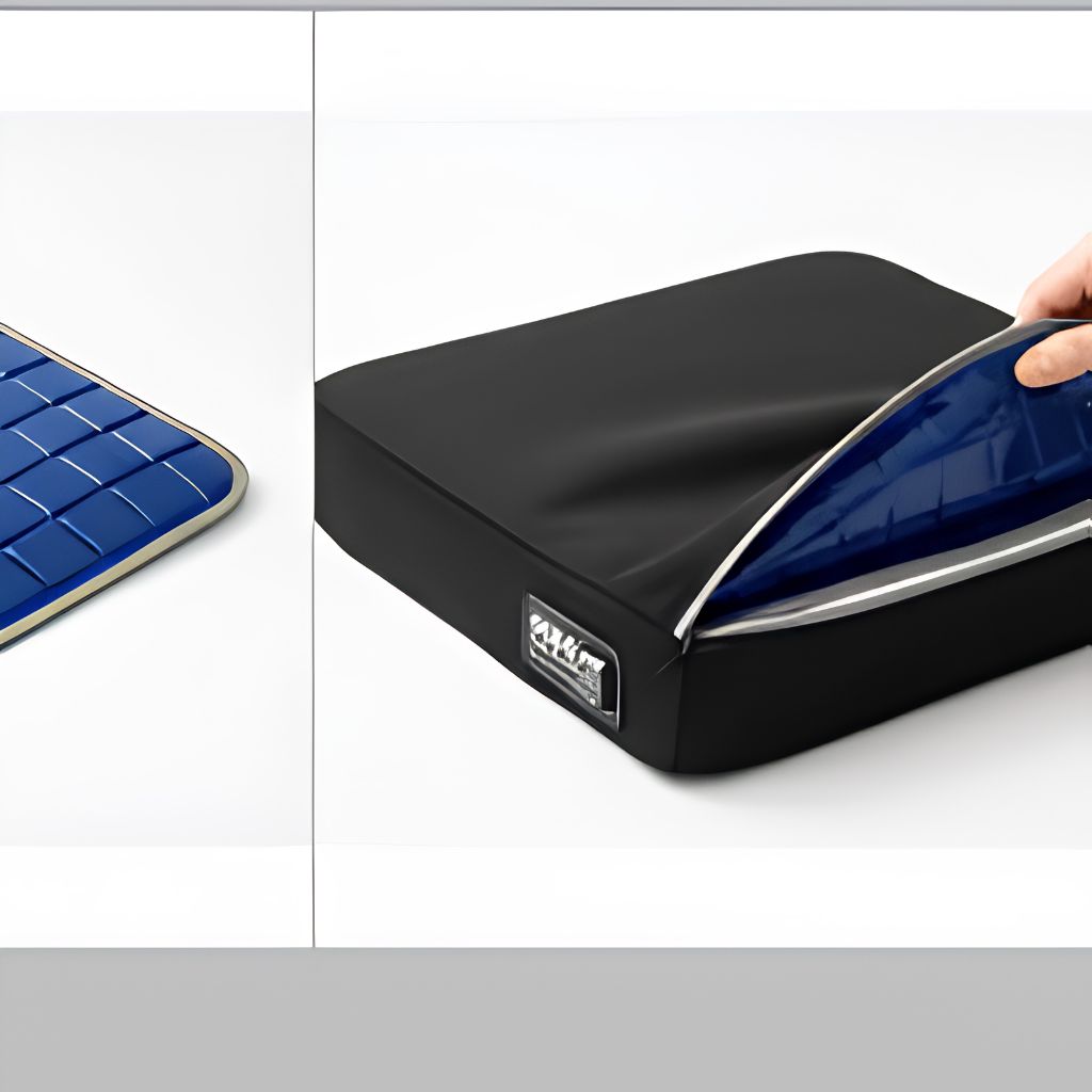Hand sliding the Ease Cushion cooling gel insert into the zippered pocket of a black Ease Cushion cover