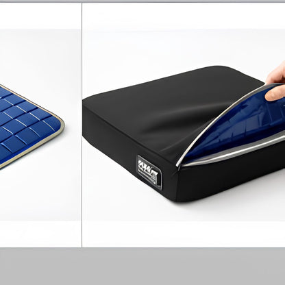Hand sliding the Ease Cushion cooling gel insert into the zippered pocket of a black Ease Cushion cover
