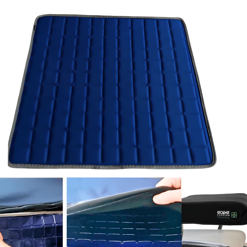 Blue Ease Cushion cooling gel insert shown from above with close-up details of the gel texture and installation