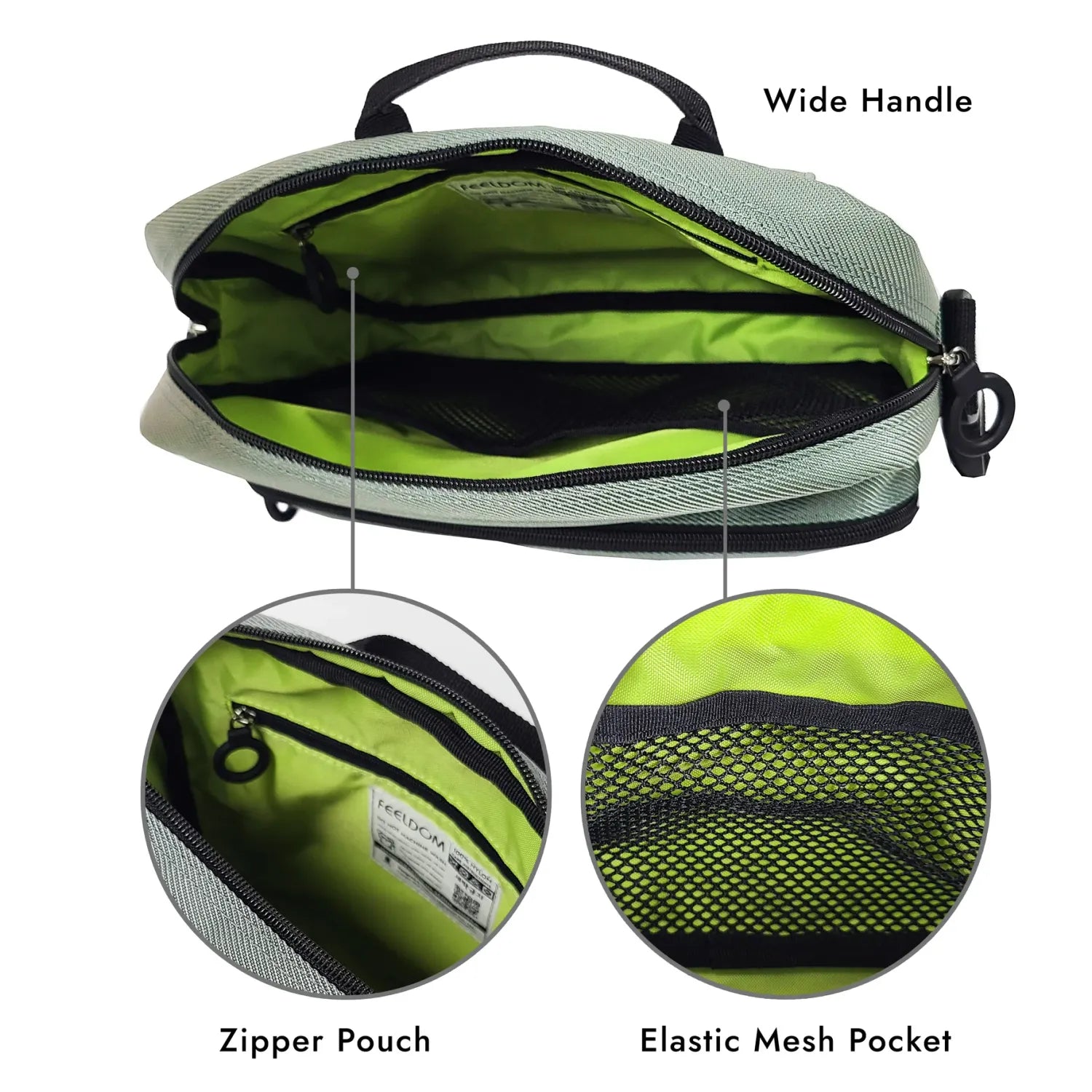 FEELDOM MODU-Satchel interior featuring bright contrast lining, zipper compartment, mesh pocket, and wide-access opening