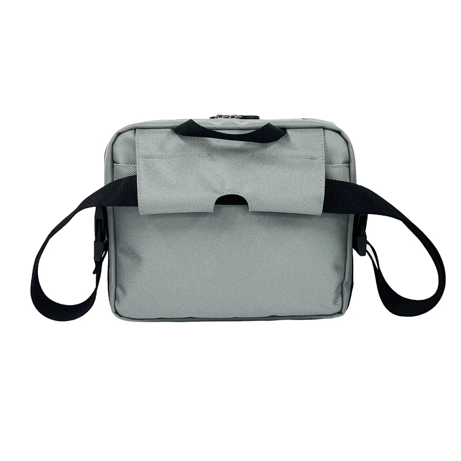 Rear view of silver FEELDOM MODU-Satchel mounted on wheelchair using secure attachment system for accessible everyday storage