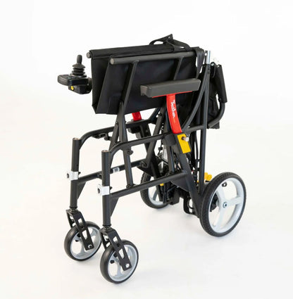 Feather Power Chair folded in one piece, rear three-quarter view with joystick and storage pocket attached