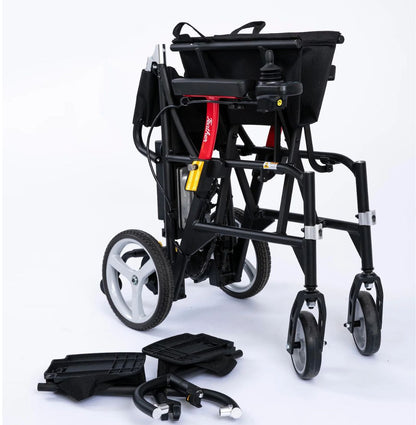 Feather Power Chair folded upright with its two swing-away footrests detached and placed in front