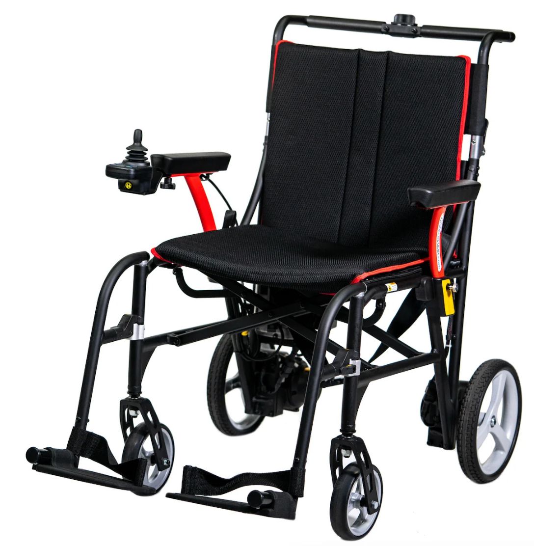 Feather Power Chair lightweight folding electric wheelchair, three-quarter front view with mesh seat and right-mounted joystick