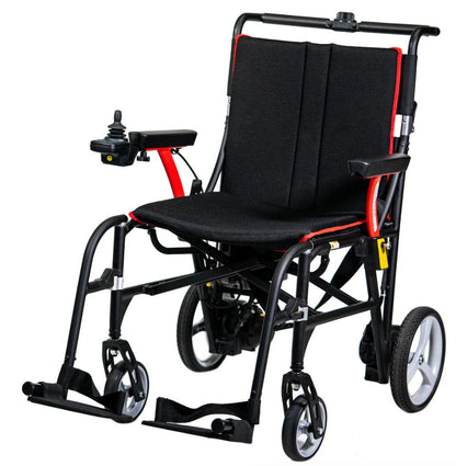 Feather Power Chair lightweight folding electric wheelchair, three-quarter front view with mesh seat and right-mounted joystick