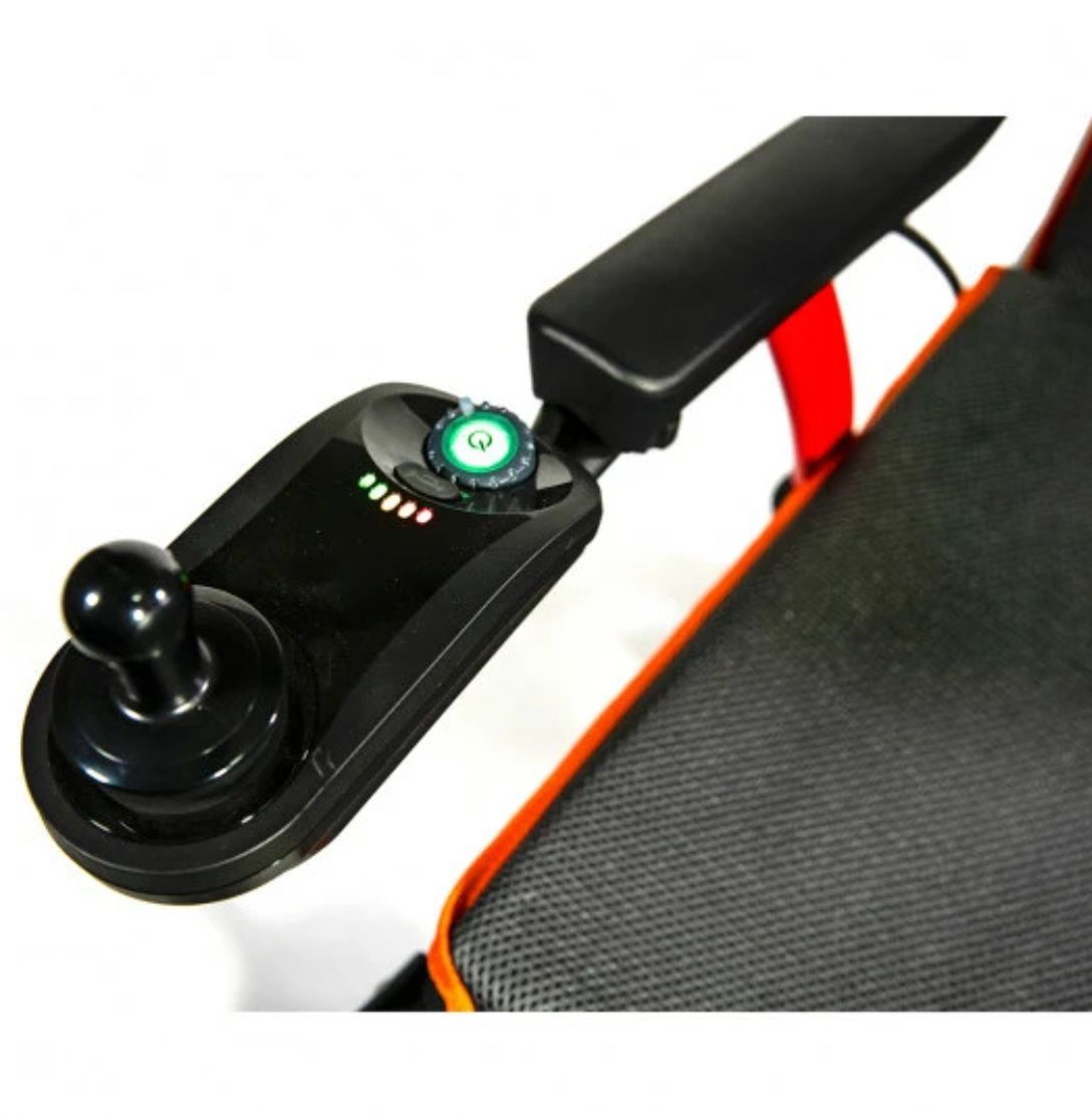 Feather Power Chair joystick controller with power button, speed dial and battery level lights on the armrest