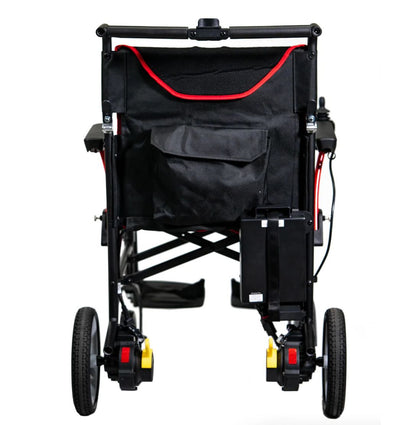 Rear view of the Feather Power Chair showing the removable lithium battery, back storage pocket and dual rear motors