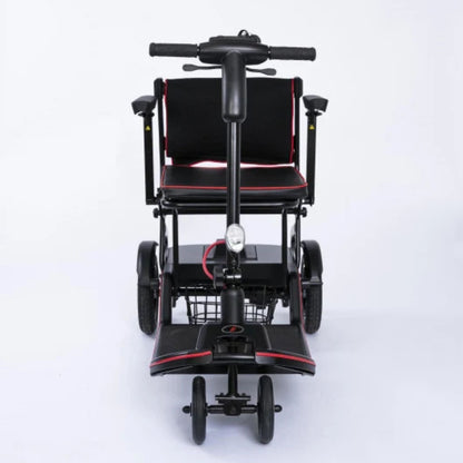 Front view of the Feather Scooter showing the tiller, headlight, front basket, padded seat, and flip-back armrests