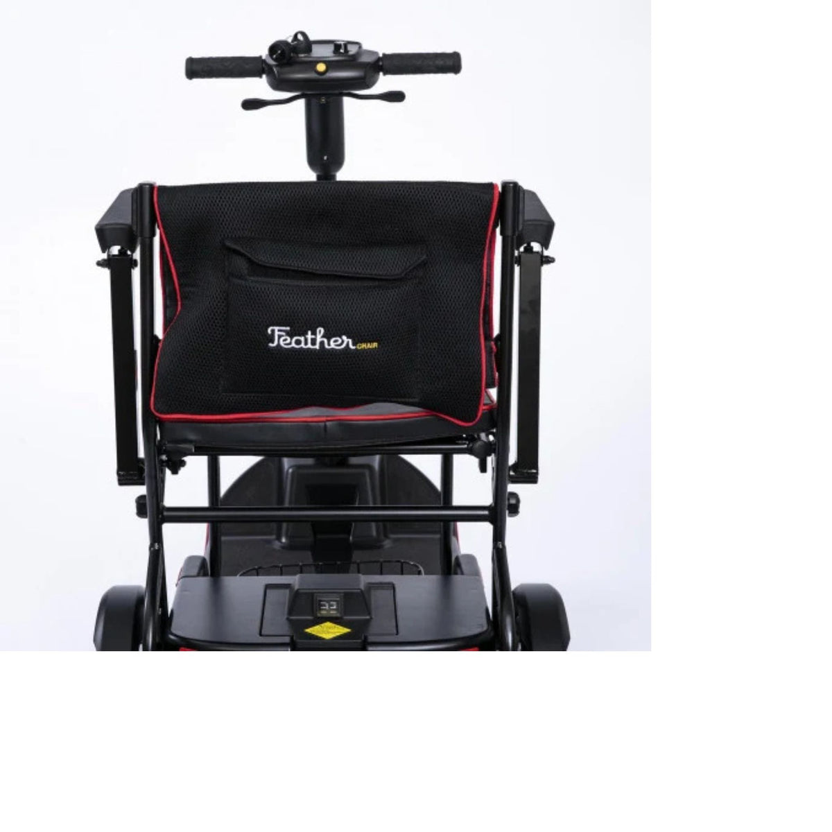 Close-up rear view of the Feather Scooter seatback, storage pocket, armrests, and tiller controls