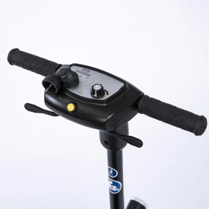 Close-up of the Feather Scooter tiller with key switch, battery gauge, speed dial, horn button, and forward and reverse throttle levers