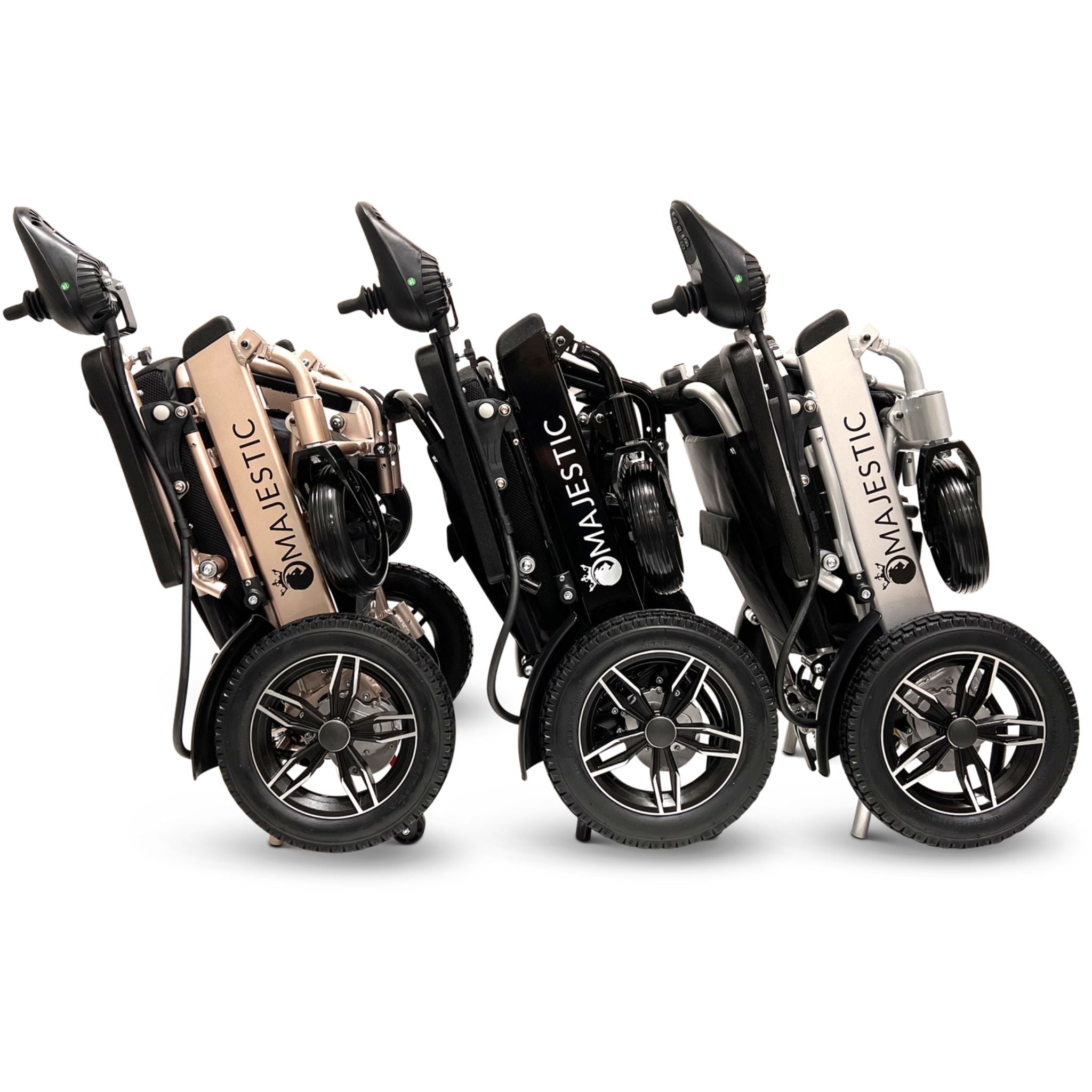 Folded ComfyGO MAJESTIC IQ-8000 lightweight electric wheelchairs showing multiple frame color options for compact travel storage