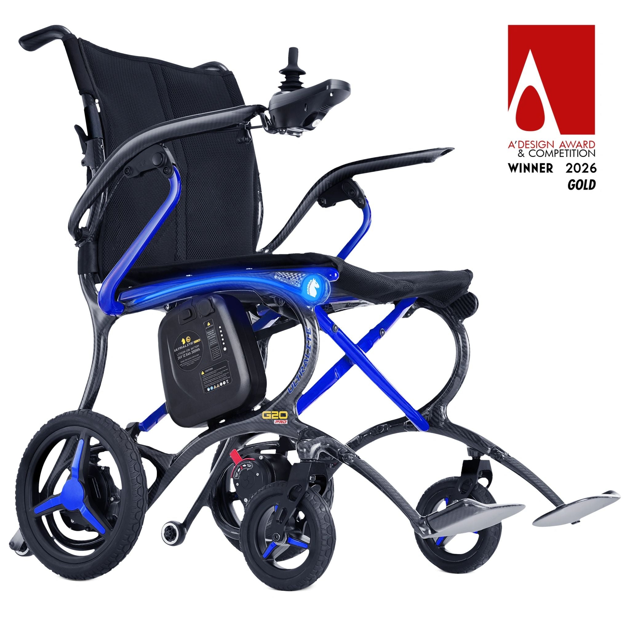 Award-winning Forcemech G20 PRO folding electric wheelchair with carbon fiber frame and removable battery system