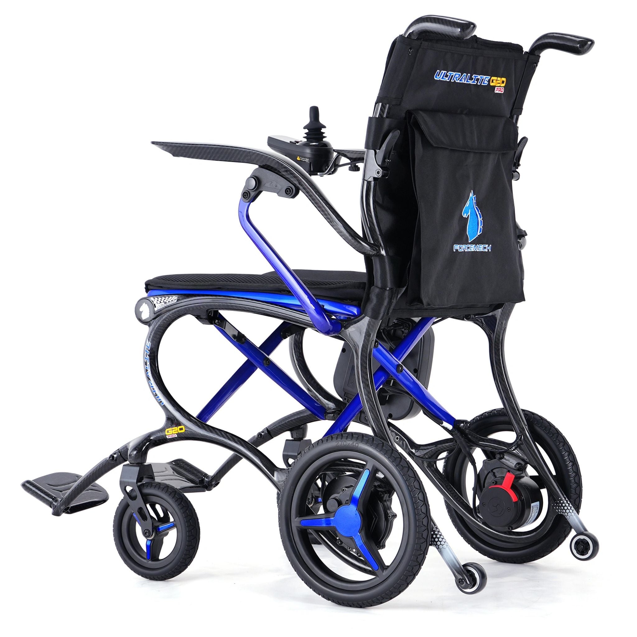 Forcemech G20 PRO carbon fiber folding electric wheelchair with rear storage pocket and joystick controller