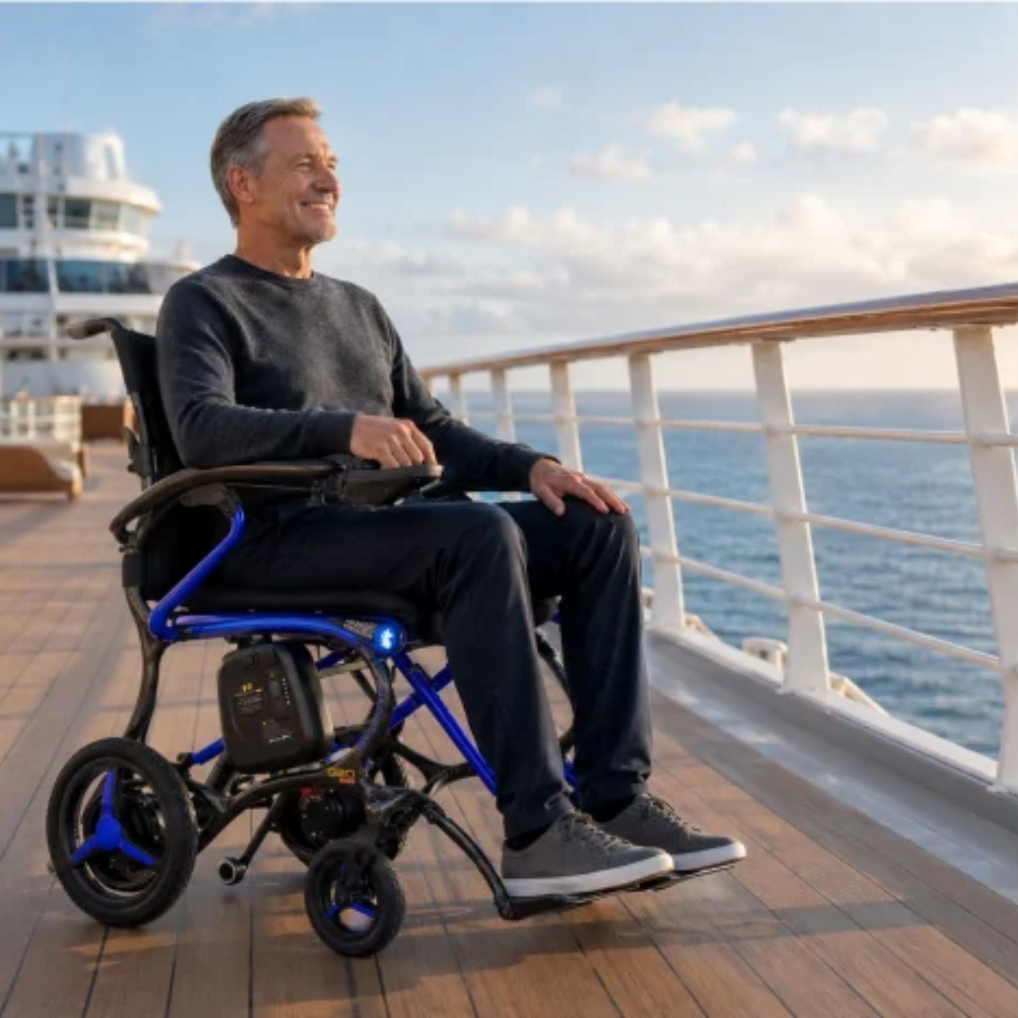 Forcemech G20 PRO carbon fiber folding power wheelchair parked beside a waterfront on a cruise ship