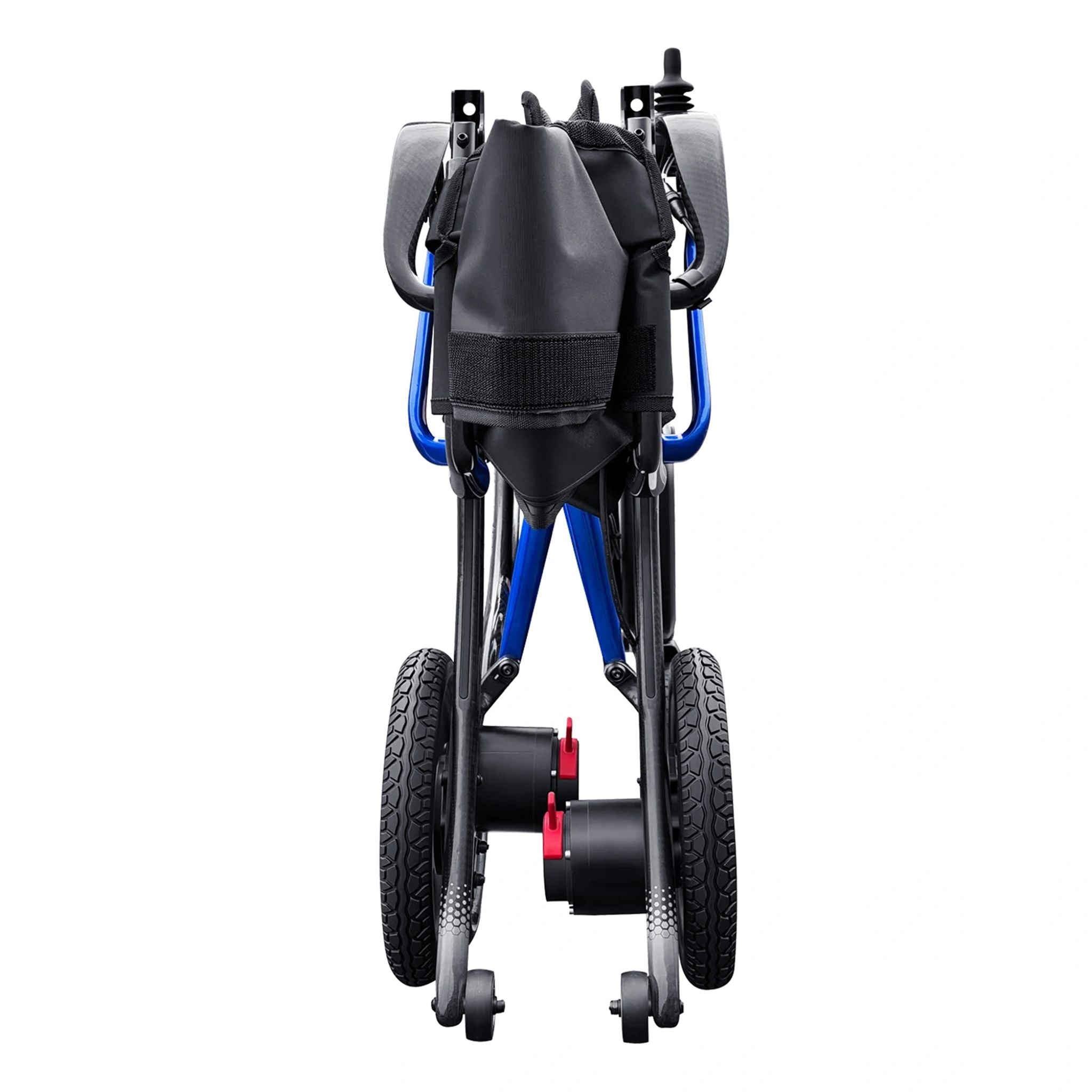 Forcemech G20 PRO folded carbon fiber electric wheelchair standing upright with compact travel design